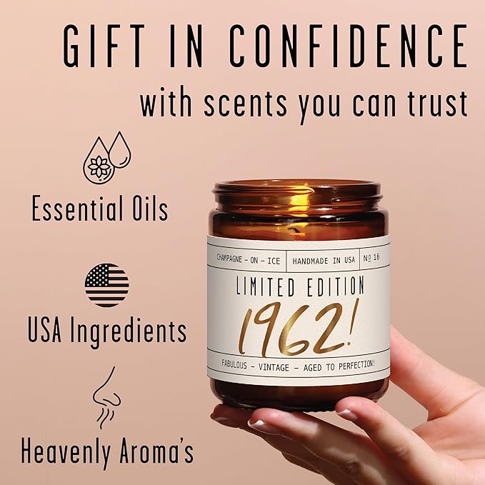 64th Birthday Gifts for Women - 'Limited Edition 1962' Soy Candle, w/Champagne on Ice I 64th Birthday Gift for Her Ideas I 9oz Reusable Jar, 50Hr Burn, Made in USA