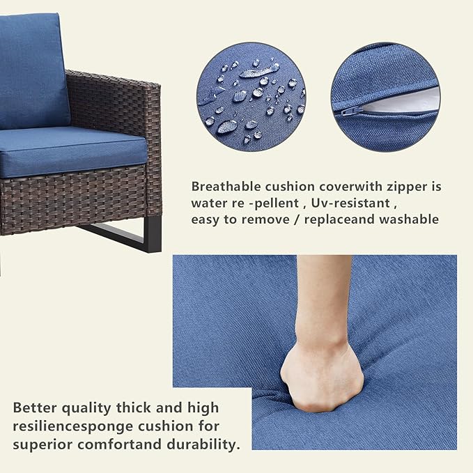 Rilyson Wicker Outdoor Patio Furniture Set - 5 Piece Patio Conversation Set with 2 Wicker Armrest Chairs,2 Rattan Ottoman and 1 Metal Side Table for Outside Porch Deck Backyard Garden(Brown/Blue)