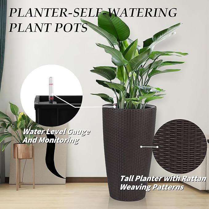 Vigo huseeo 22" Tall Planter Set of 2, Large Self Watering Pots for Indoor/Outdoor Plants with Drain Holes, Water Level Monitor, Inner Bucket for Front Porch Patio, Brown Rattan Conical