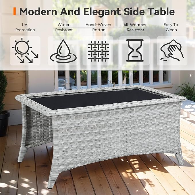 Outdoor Coffee Table - Patio Rattan Wicker Coffee Table with Tempered Glass Top Outdoor Table for Deck Porch Balcony Garden - Light Grey