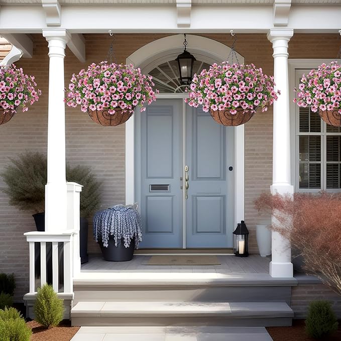 Artificial Flowers Hanging Basket for Outdoor Indoor Spring Summer Decor,Fake Silk Colorful Daisy Eucalyptus in 12" Metal Coconut Lining Flowerpot Arrangement for Home Patio Yard Decor(Pink)