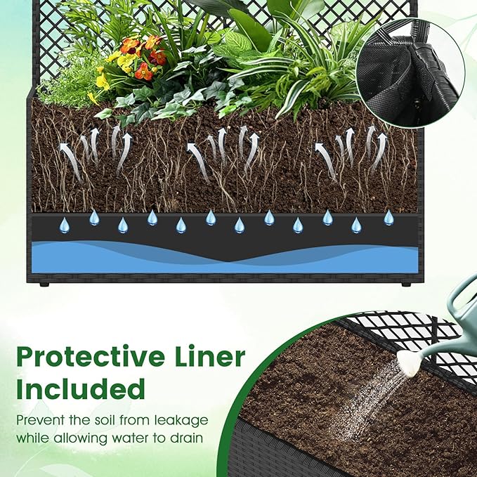 HAPPYGRILL Raised Garden Bed with Trellis, 49" Wicker Planter Box w/Privacy Screen, Liner, Drainage for Patio Balcony, Outdoor PE Rattan Elevated Garden Bed for Climbing Plant Vine Flower (Black,2)