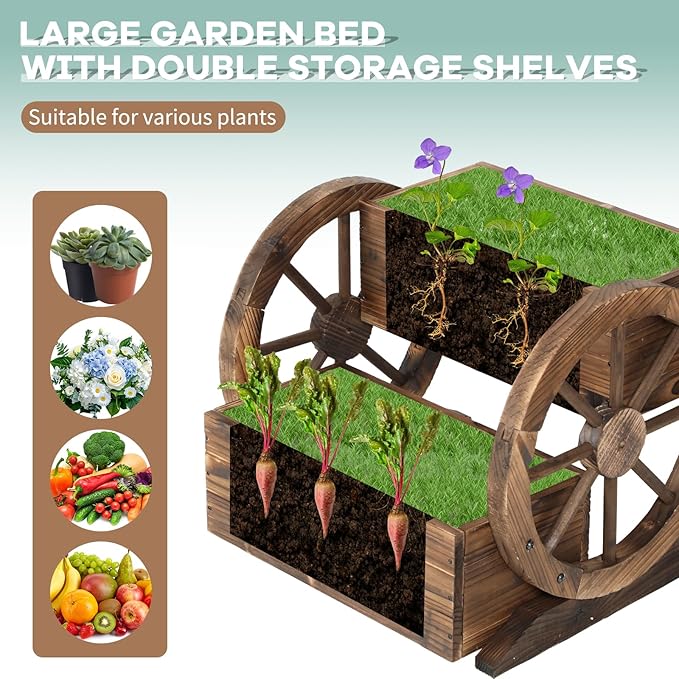 Wooden Wagon Planter Box, 2 Tier Garden Planter with Wheels for Flowers/Herbs/Vegetables, Decor Flower Cart for Indoor/Outdoor/Patio/Garden/Balcony(3 Pack)