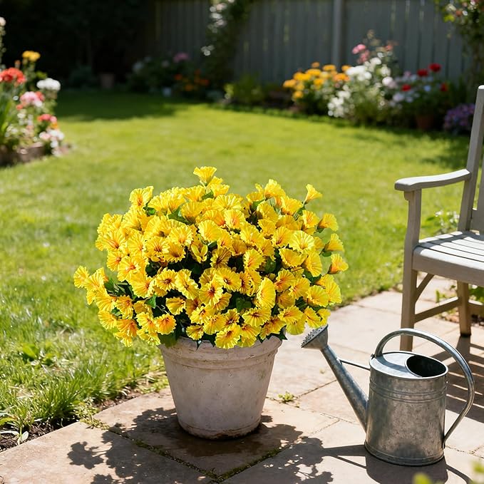 Artificial Morning Glory Flowers Plants for Outdoor 8 Pcs Faux Silk Petunias Flower Realistic Faux Flowers Plants for Outside Planter Porch Yard Patio Balcony Home Indoor Decor (8 Pcs Yellow)