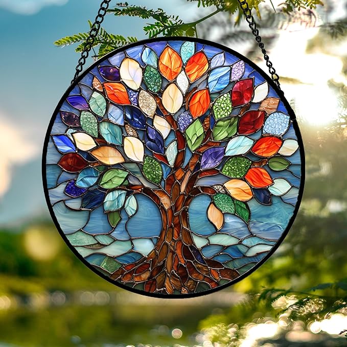 DASTOLL Stained Glass Window Hanging, Colorful Tree of Life Sun Catchers Glass Panel Blue Suncatcher Decor for Birthday for Women, Men, Wife, Aunt, and Mom 14.9x14.9 in