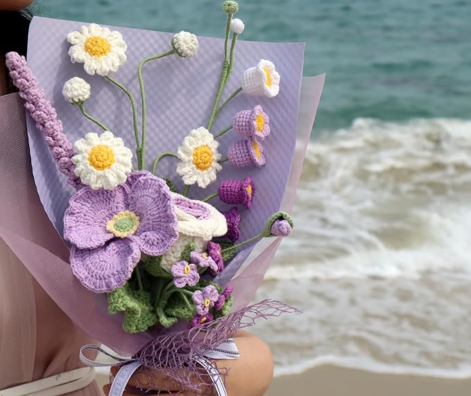 YOOJEE Crochet Purple Ombre Rose Tulip Bouquet Christmas Pet-Safe Handmade Knitted Florals for Women Coworkers Teachers with Greeting Card