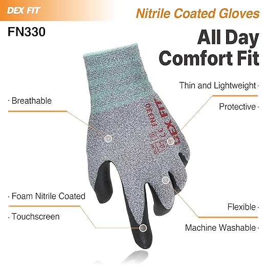 DEX FIT Nitrile Work Gloves FN330, 1 Pair, 3D-Comfort Stretchy Fit, Firm Grip, Thin & Lightweight, Touch-Screen Compatible, Durable, Breathable & Cool, Machine Washable; Grey S (7)