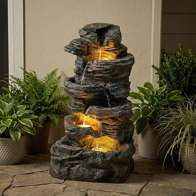 6-Tier Outdoor Cascading Stone Water Fountain, 35" H Freestanding LED Rock Waterfall with Natural Stone Appearance and Lights, Resin Water Feature for Garden Patio Yard Deck