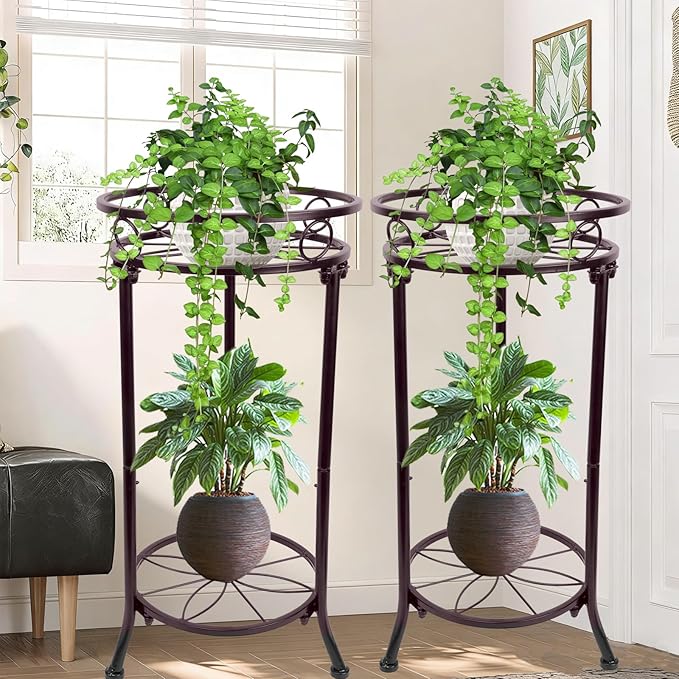 THKFUL 20.3" Christmas Gift Metal Plant Stand 2 Pack - Heavy Duty Rustproof Double-Layer Round Potted Plant Stands Modern Flower Pot Stand for Indoor Outdoor Home Patio Garden Balcony (Brown)