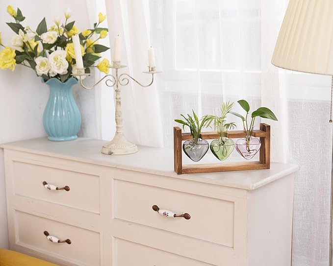 Kingbuy 3-Heart Plant Terrarium Kit - Stained Glass Vase Propagation Station with Vintage Wood Stand - Wall-Mounted & Tabletop Indoor Garden Decor for Home Kitchen Wedding (Grey, Green, Pink)