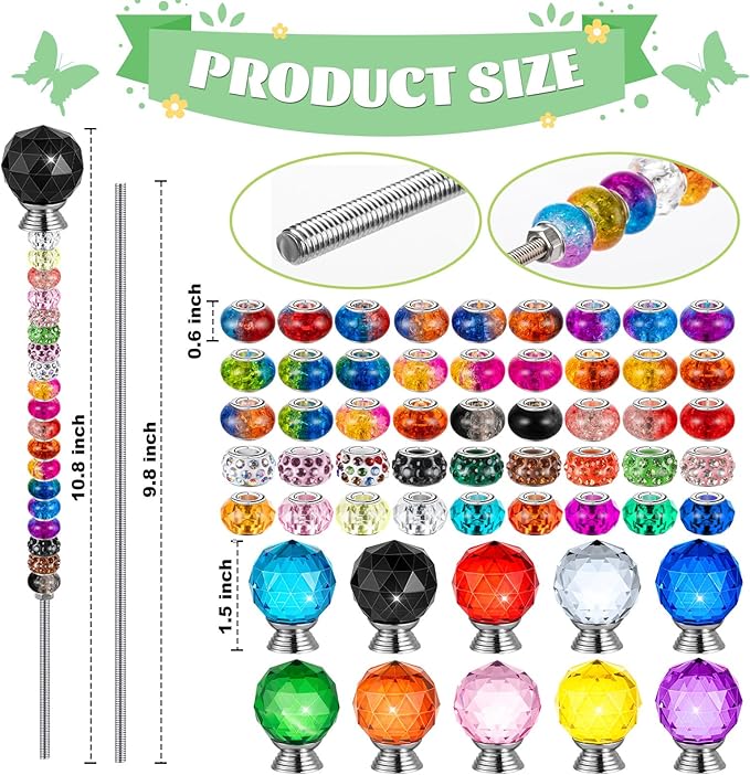 230 Pcs Beaded Garden Stakes, DIY Fairy Wand Garden Stake Beads Kits with 200 Colorful Assortment Round Large Hole Beads with 10 Round Stopper Top, 10 Threaded Rod and 10 Nuts for Outdoor Decoration