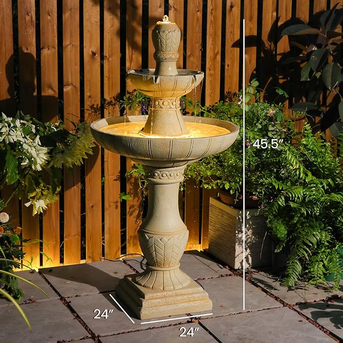 45.28H 3-Tier Outdoor Water Fountain with LED Lights Large Italian Resin Garden Fountain for Patio Yard Weather-Resistant Cascading Waterfall Feature with Quiet Pump