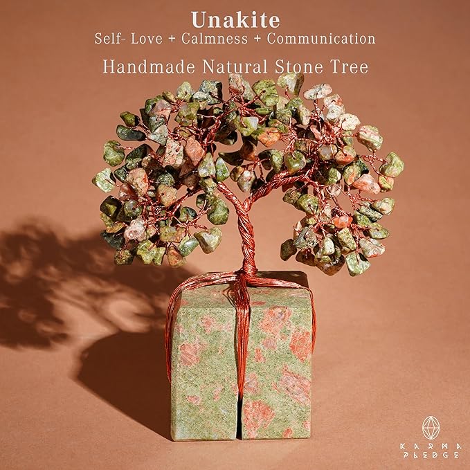 Crystal Tree for Birthday Gifts for Women, Handmade Raw Crystal Base Unakite Chakra Healing Crystal Tree of Life for Positive Energy, Money, Good Luck, Christmas Décor, Home and Office Decor