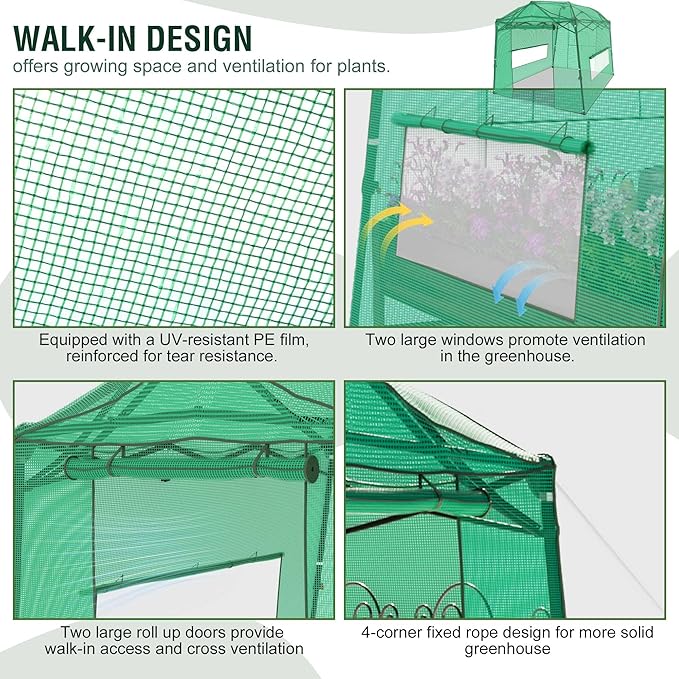 8.5 x 7 x 7 FT Walk-in Greenhouse, Portable Pop-up Greenhouse for Indoor Outdoor, Plant Garden Green House with Zippered Doors, Screen Windows, Heavy Duty Frame and Durable PE Cover