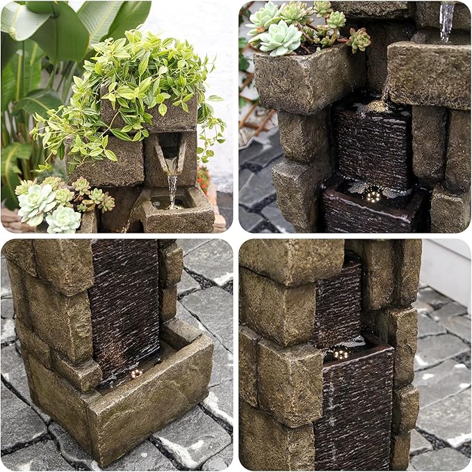 YZM 42.72" H Stacked Brick Style Outdoor Water Fountain with LED Lights Vertical Cascading Water Feature for Garden Patio Balcony and Yard Decor