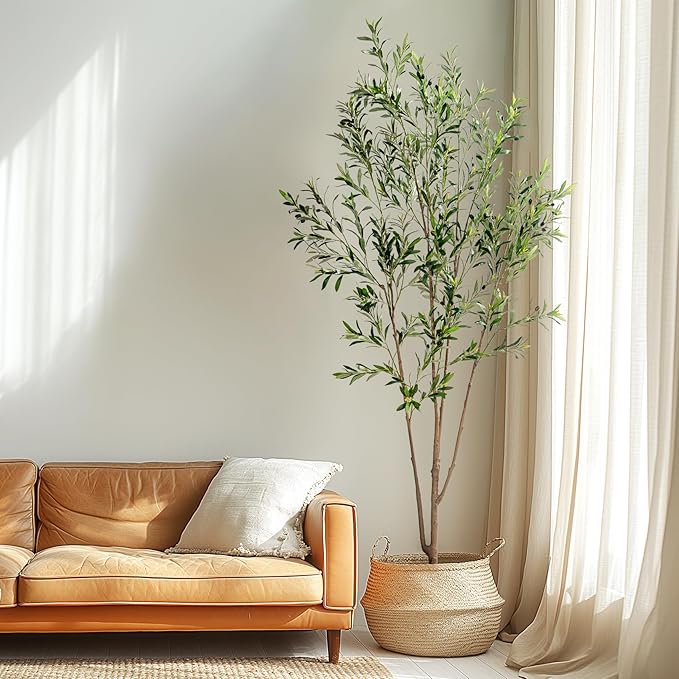 Erimda 8FT Artificial Olive Tree Tall Faux Silk Plant Tall Faux Olive Tree with Natural Wood Trunk & Lifelike Fruits Fake Potted Tree or Home Office Decor