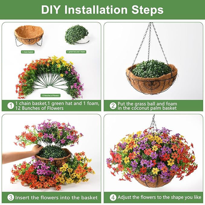 INQCMY Artificial Flowers Hanging Baskets for Outdoors Spring Decor, 12 Bundles Fake Plants Faux Silk Daisy with Eucalyptus Stem UV Resistant for Outside Patio Balcony Garden(4 Mix Colors)