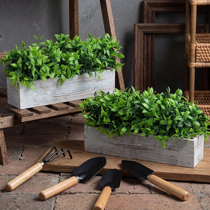 Lyrow 4 Pack Artificial Eucalyptus Plant in Rectangular Rustic Wooden Planter Box Faux Potted Herb Plant Table Centerpiece for Kitchen Windowsill Shelf Decor (White,16 '')