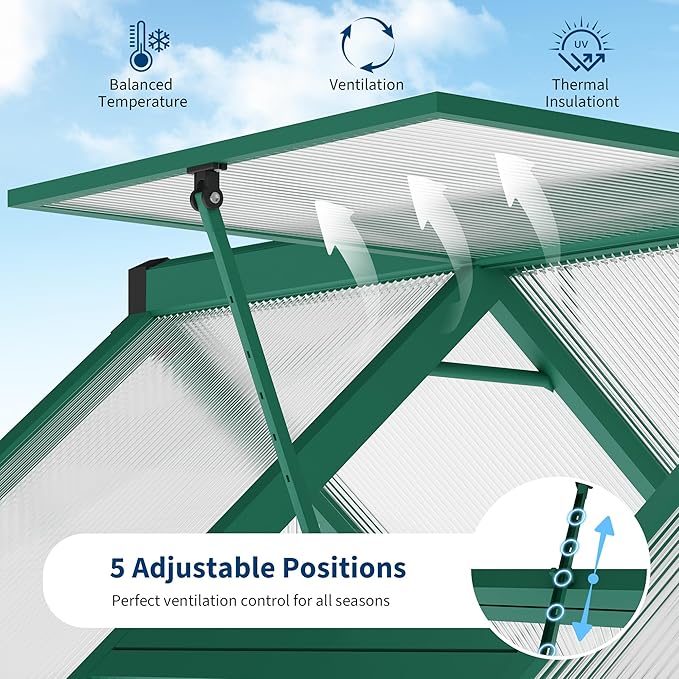 6 x 4 ft Greenhouse, Polycarbonate Walk-in Greenhouse with Aluminum Frame, Adjustable Roof Vent and Lockable Door, Green Houses for Outside, Garden, Backyard and Patio, Easy Assembly
