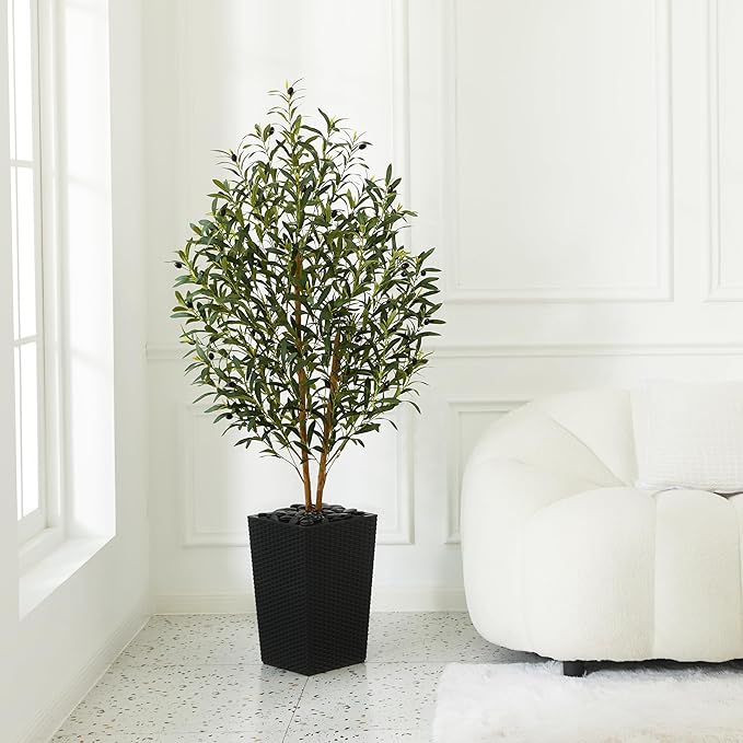 VeriNatural Artificial Olive Tree 5FT - Tall Faux Olive Trees with Natural Wood Trunk, Silk Leaves, Black Taper Planter & Pebbles, UV Resistant Fake Plants Indoor for Home Decor, Office,Outdoor,VN131