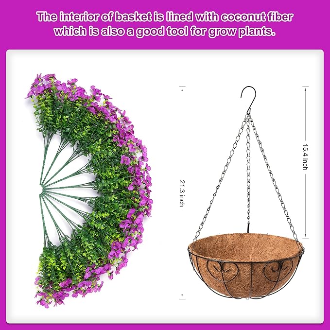 Artificial Flowers Hanging Basket for Outdoor Indoor Spring Summer Decoration,Fake Silk Colorful Daisy Eucalyptus in 12" Metal Coconut Lining Flowerpot Arrangement for Patio Yard Decor(Purple)