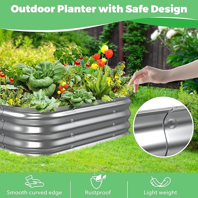 Galvanized Raised Garden Bed, 4x4x1ft Garden Planter Bed Outdoor, Heavy Duty Rustproof Steel Raised Bed Kit for Gardening Vegetables Fruits Flowers Grow, Silver