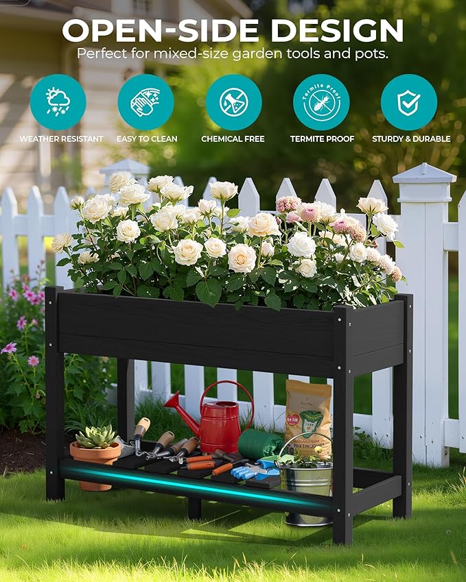 SERWALL Raised Garden Bed with Legs Set of 2, 43"×17"×30" Large HDPE Elevated Planter Box for Vegetables Flower Herb Patio, All Weather Use-Black