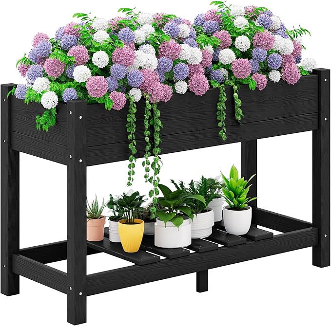 SERWALL Raised Garden Bed with Legs, 43"×17"×30" Large HDPE Elevated Planter Box for Vegetables Flower Herb Patio, All Weather Use-Black