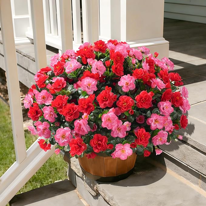 Artificial Fake Outdoor Flowers Plants, Faux Silk Camellia Bundles UV Resistant No Fade Realistic for Planter Pot, Outside Porch Patio Balcony Garden Yard Home Decoration, 3 Large Bundles(Melon Red)