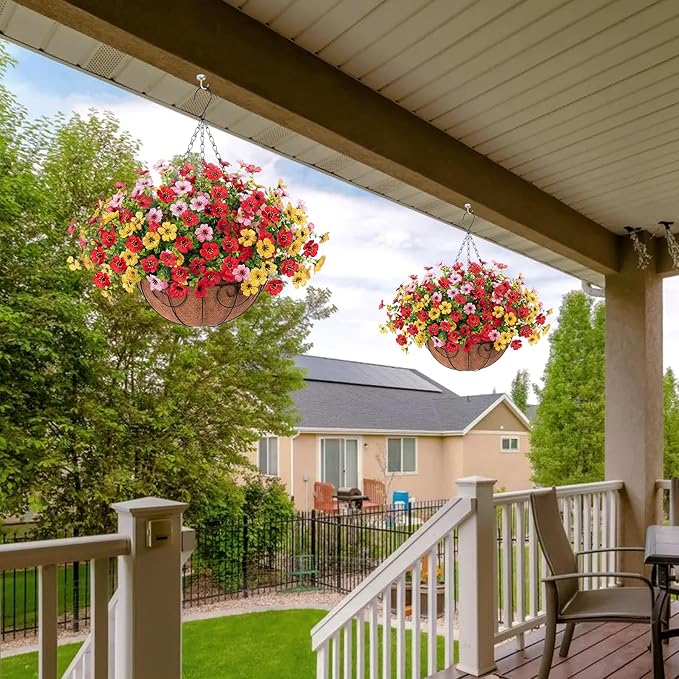 Artificial Flowers Hanging Basket for Outdoor Spring Summer Decor, Fake Silk Colorful Daisy Eucalyptus in 12" Metal Coconut Lining Pot Arrangement for Home Patio Yard Decor(Red Yellow Pink)