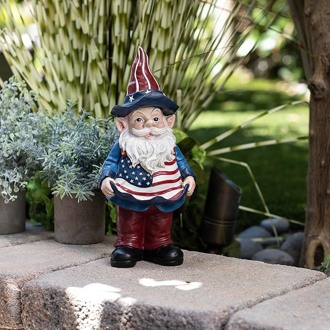 Alpine Corporation 12" Tall Outdoor Americana Garden Gnome with American Flag Bird Feeder and Yard Statue Decoration
