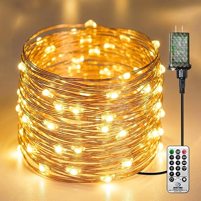 Plug-in Fairy Lights, 33 Ft 100 LED String Light with Remote, 8 Modes, Timer and Dimming Twinkle Lights for Indoor, Bedroom, Party, Decoration, Holiday, Warm White