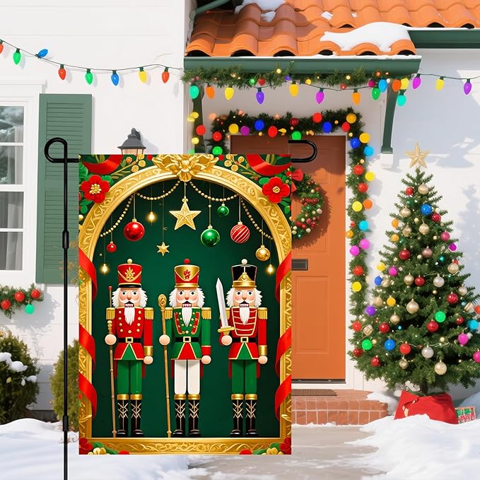 IVN Christmas Garden Flag 12x18 Inch Double Sided Classic Nutcracker Soldiers with Ornaments Outdoor Yard Flag for Outside Home Front Door Lawn Porch Patio Welcome Decor