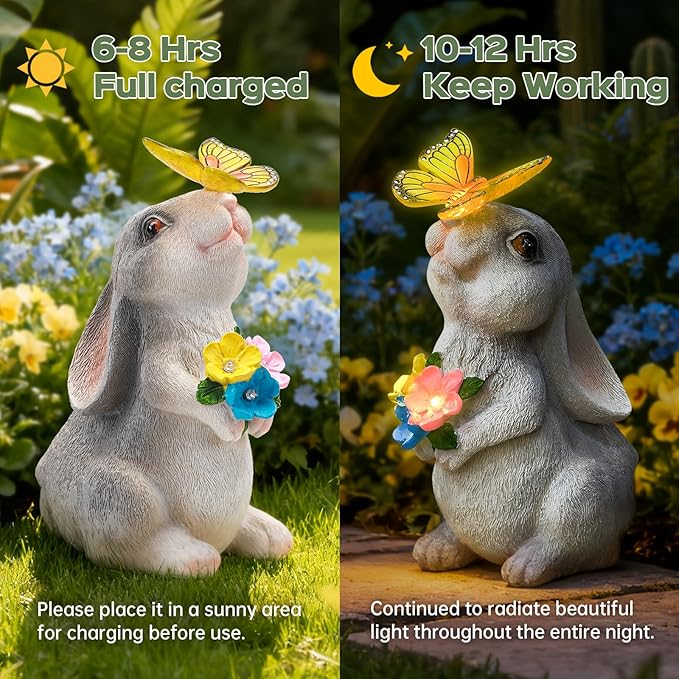 Solar Garden Statue Outdoor Decor, Rabbit Figurine with Butterfly LED Lights, Bunny Statue for Garden, Yard Decor, Lawn Ornament, Housewarming Birthday Gift for Women Mom Grandma