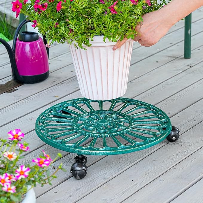 Sungmor Cast Iron Plant Caddy with Wheels, 2PC 14.8" Large & Heavy-duty Rolling Plant Stands, Pretty Garden Pots Tall Planter Dolly, Round Flower Pot Mover Metal Plant Pallet Trolley Tray with Casters