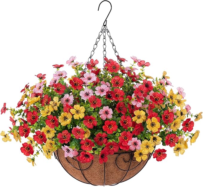 Artificial Flowers Hanging Basket for Outdoor Spring Summer Decor, Fake Silk Colorful Daisy Eucalyptus in 12" Metal Coconut Lining Pot Arrangement for Home Patio Yard Decor(Red Yellow Pink)
