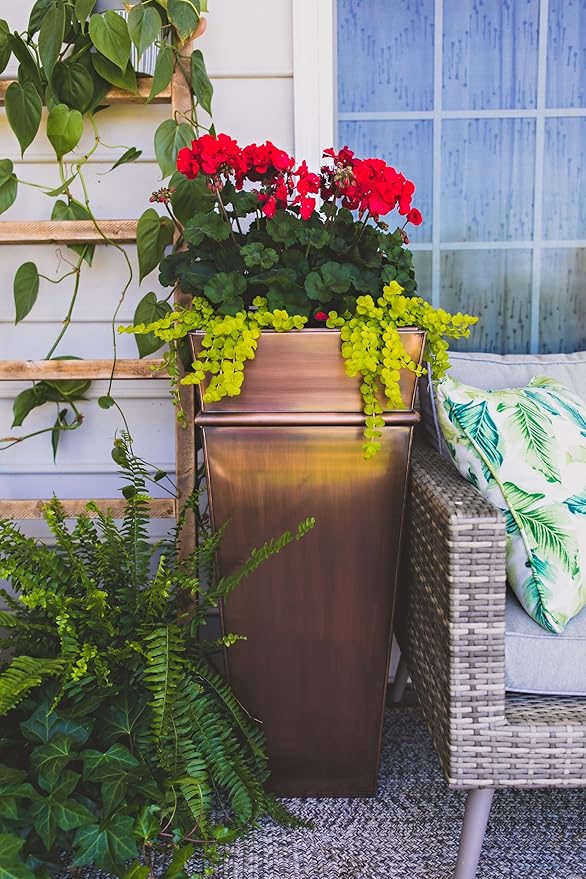 H Potter Tall Copper Planter 33 Inch Indoor Outdoor – Antique Copper Stainless Steel Floor Planter with Insert & Drainage – Large Entryway Patio Porch Flower Pot