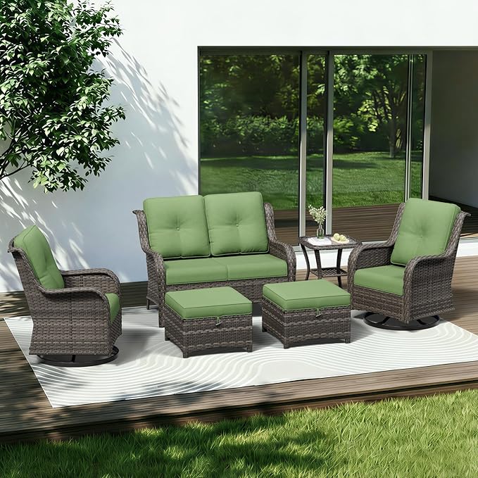 6 Piece Outdoor Wicker Patio Furniture Set, Outdoor Swivel Rocker Patio Chairs Set with Thickened Olefin Cushions, High Back and Deep Seating, Hand-Woven PE Rattan for Porch, Deck