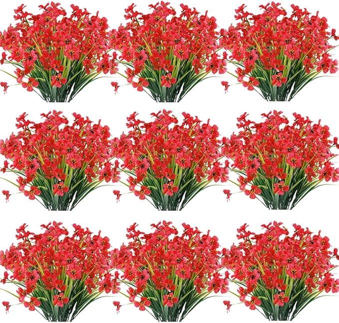 JEMONG 30 Bundles Artificial Flowers Outdoor UV Resistant Fake Flowers No Fade Faux Plastic Plants Garden Porch Window Box Decorating(Deep Red)