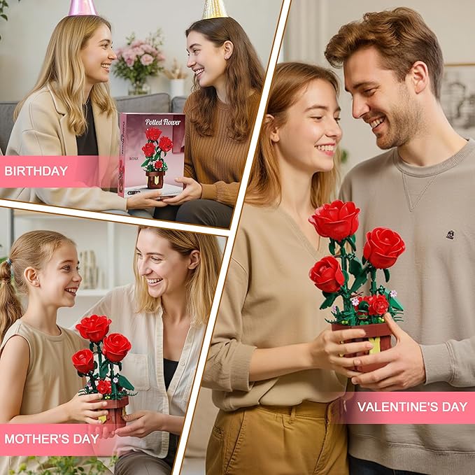 EITOLNR Roses Flowers Botanicals Building Sets,Artificial Plants Bonsai Building Blocks Toys for Adults,Indoor Home Office Decor,Easter Christmas Birthday Gift for Adults Women,Girls Age 8-12(307Pcs)