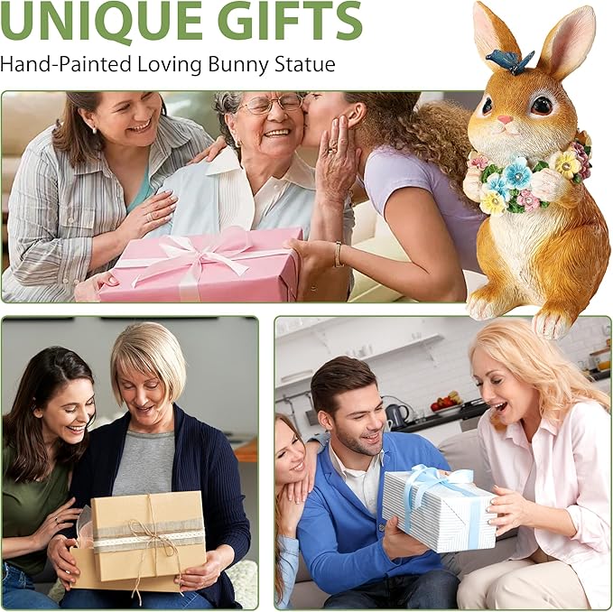 ZhiYo-GD Solar Garden Statues Outdoor Decor, Rabbit Statue with Butterfly & Flowers, Yard Decoration with 6 LED Lights for Patio, Balcony, Backyard, and Lawn, Unique Gift for Mom, Grandma Christmas