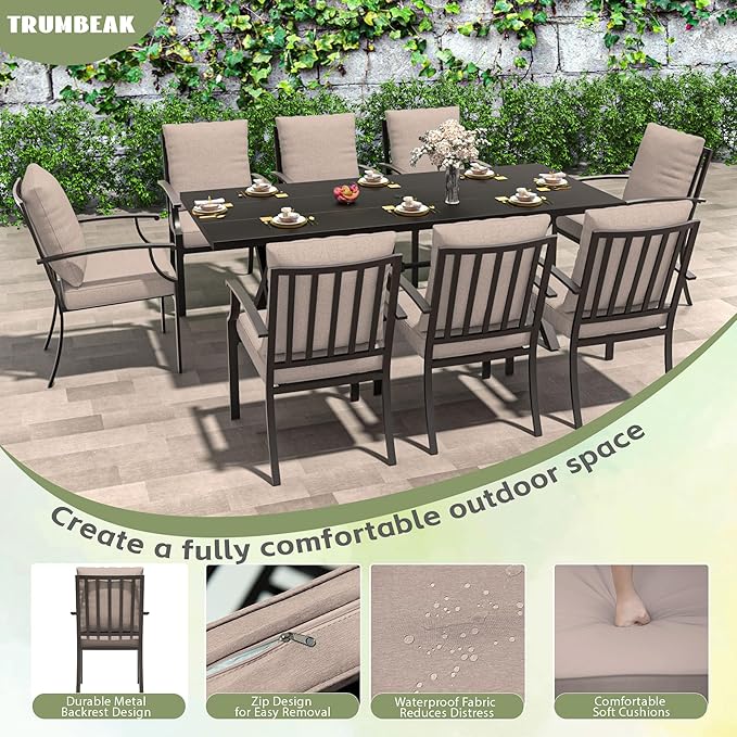 9-Piece Patio Dining Set Outdoor Conversation Set,Metal Outdoor Furniture Set with Umbrella Hole Cut-Out 78.7" x 35.4" Table and 8 Metal Backrest Chairs for Backyard,Garden,Sand
