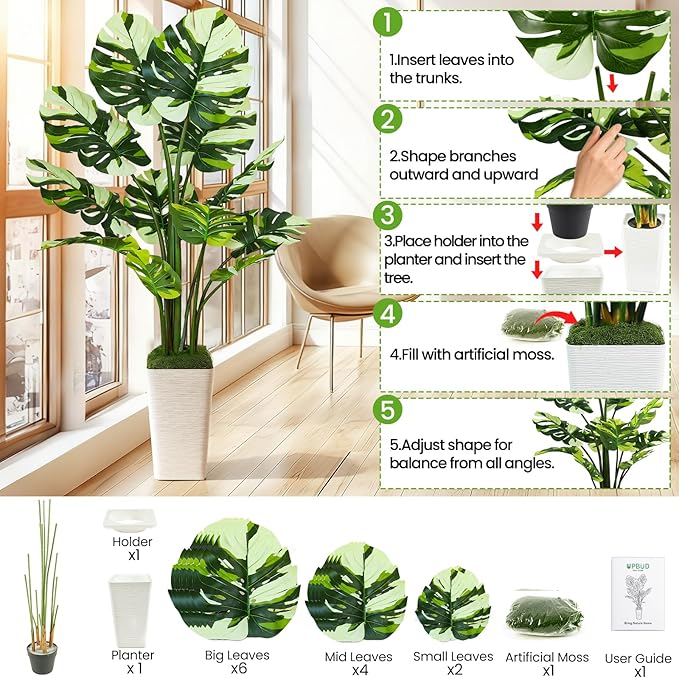 5FT Artificial Monstera Plant with Tall White Planter and Thread Moss, Realistic Faux Floor Tree with Large White Leaves for Indoor Outdoor Office Porch Living Room Corner Home Decor