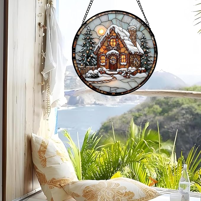 AMDERVEN Stained Glass Window Hanging - Christmas Tree Cottage Sun Catcher for Door Garden Home Winter Decor Snowy Night Suncatcher Mother's Day Birthday Gifts for Women Men Mom Nana 9.8 in