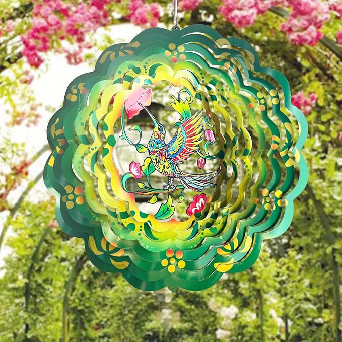Hummingbirds Wind SpinnersOutdoor: Birthday Gifts for Women Metal Garden Ornament - 12inch Hanging Wind Chime for Outside Decorations, Gardening Presents for Mom Grandma Her