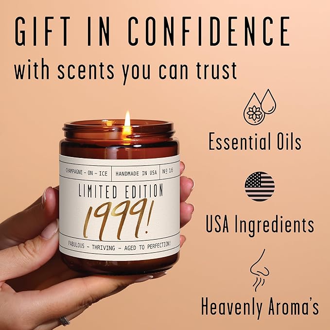 27th Birthday Gifts for Women - 'Limited Edition 1999' Soy Candle, w/Champagne on Ice I 27th Birthday Gift for Her Ideas I 9oz Reusable Jar, 50Hr Burn, Made in USA
