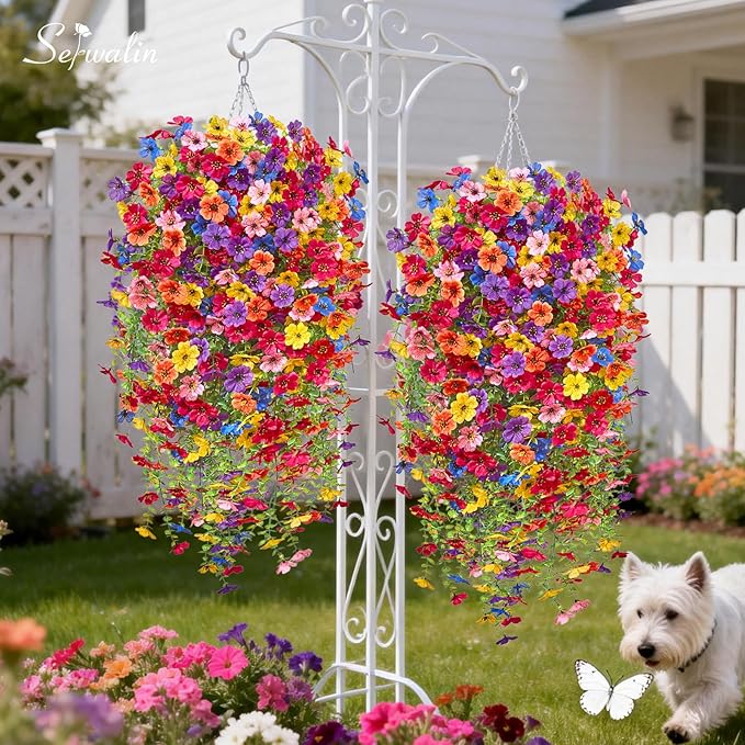 Serwalin 6PCS Artificial Fall Flowers for Outdoors Decoration, Realistic Silk Artificial Fall Hanging Flowers for Patio, Garden, Porch, Window, Outside (Multicolor,6PCS)