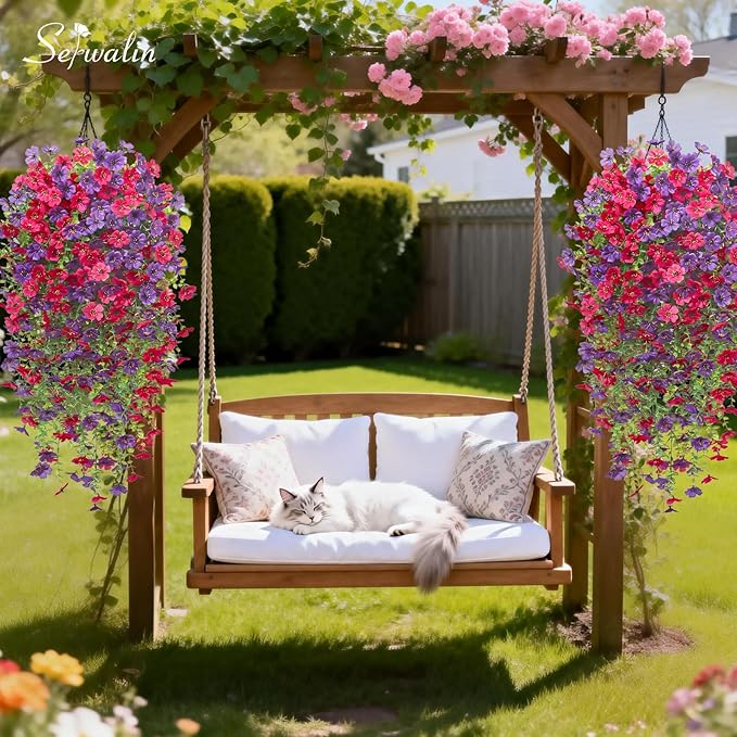 Serwalin 6PCS Artificial Fall Flowers for Outdoors Decoration, Realistic Silk Artificial Fall Hanging Flowers for Patio, Garden, Porch, Window, Outside (Purple& Hot Pink,6PCS)