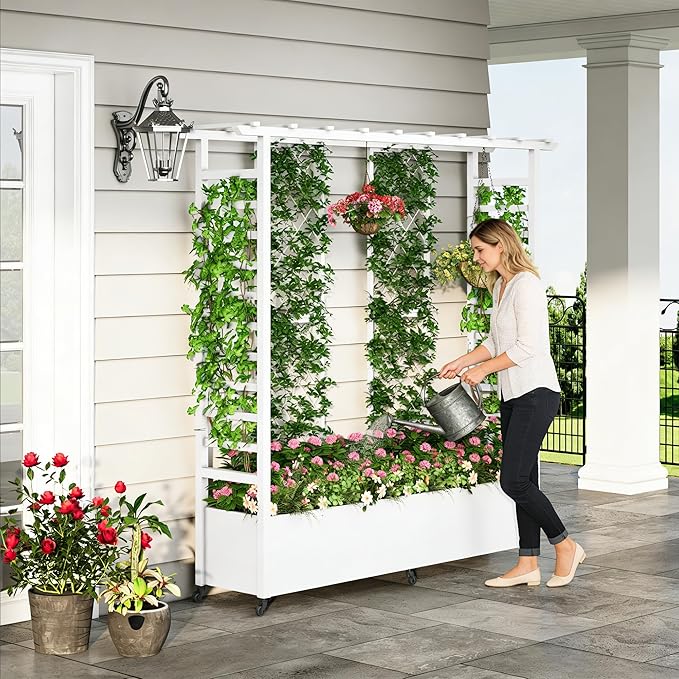 Raised Garden Bed with Trellis & Hanging Roof, Weatherproof Metal Planter Box with Wheels, Garden Arch Trellis for Outdoor Climbing Plants Vines Flowers, 74" H x 77" L x 17" W, White