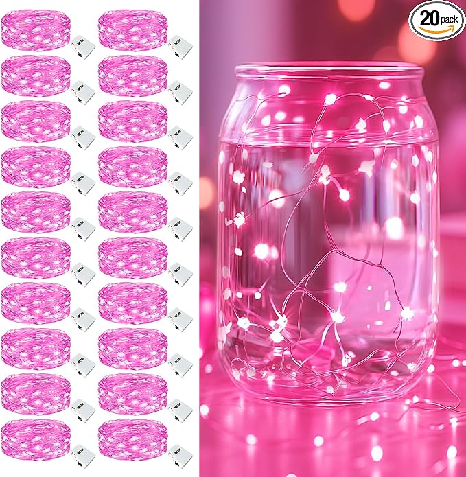 20 Pack Fairy Lights Battery Operated - 7ft 20 Led Twinkle Lights 3 Modes, Bulk Mini String Lights Waterproof for Mason Jars Vases DIY Party Wedding Decoration Christmas - Pink
